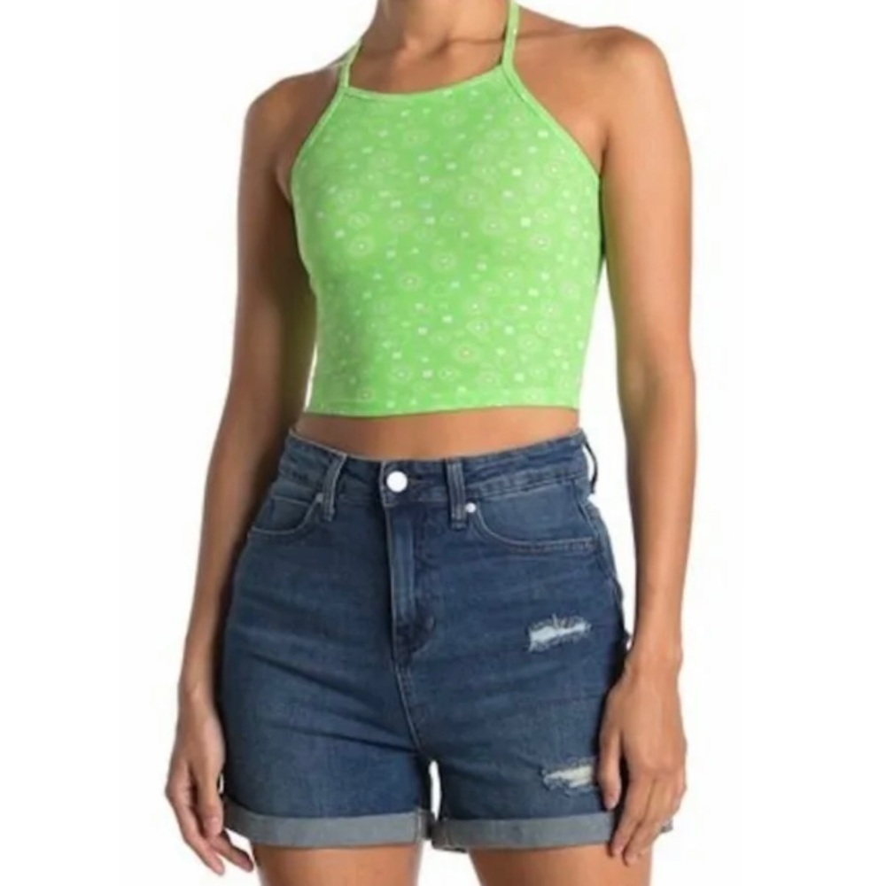 NWT BP. Womens Open Back Boxy Halter Crop Top in Green Floral